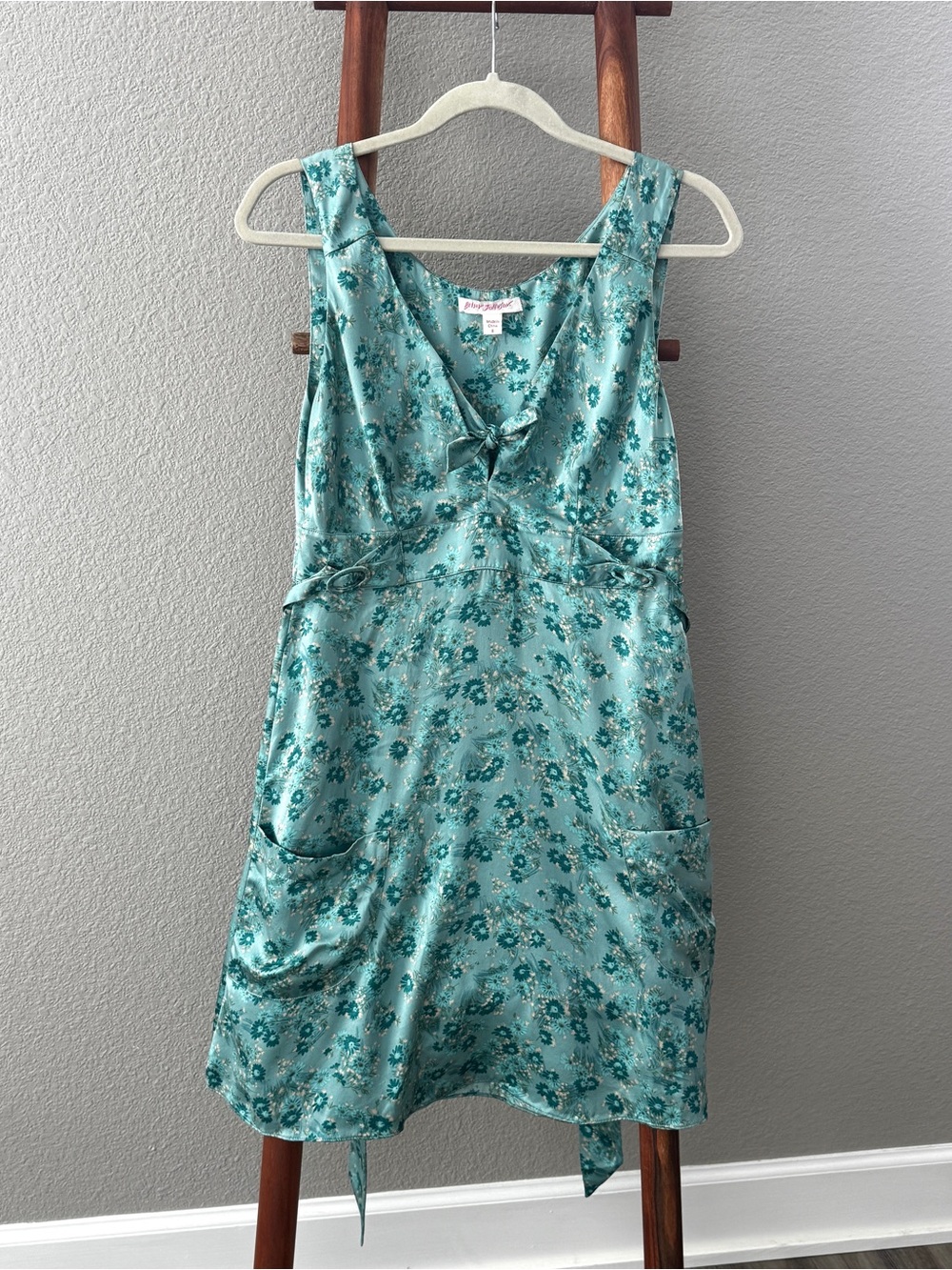 Vintage Betsey Johnson Y2K 100% Silk Teal Floral Tie Front Pocket Mini Dress 8